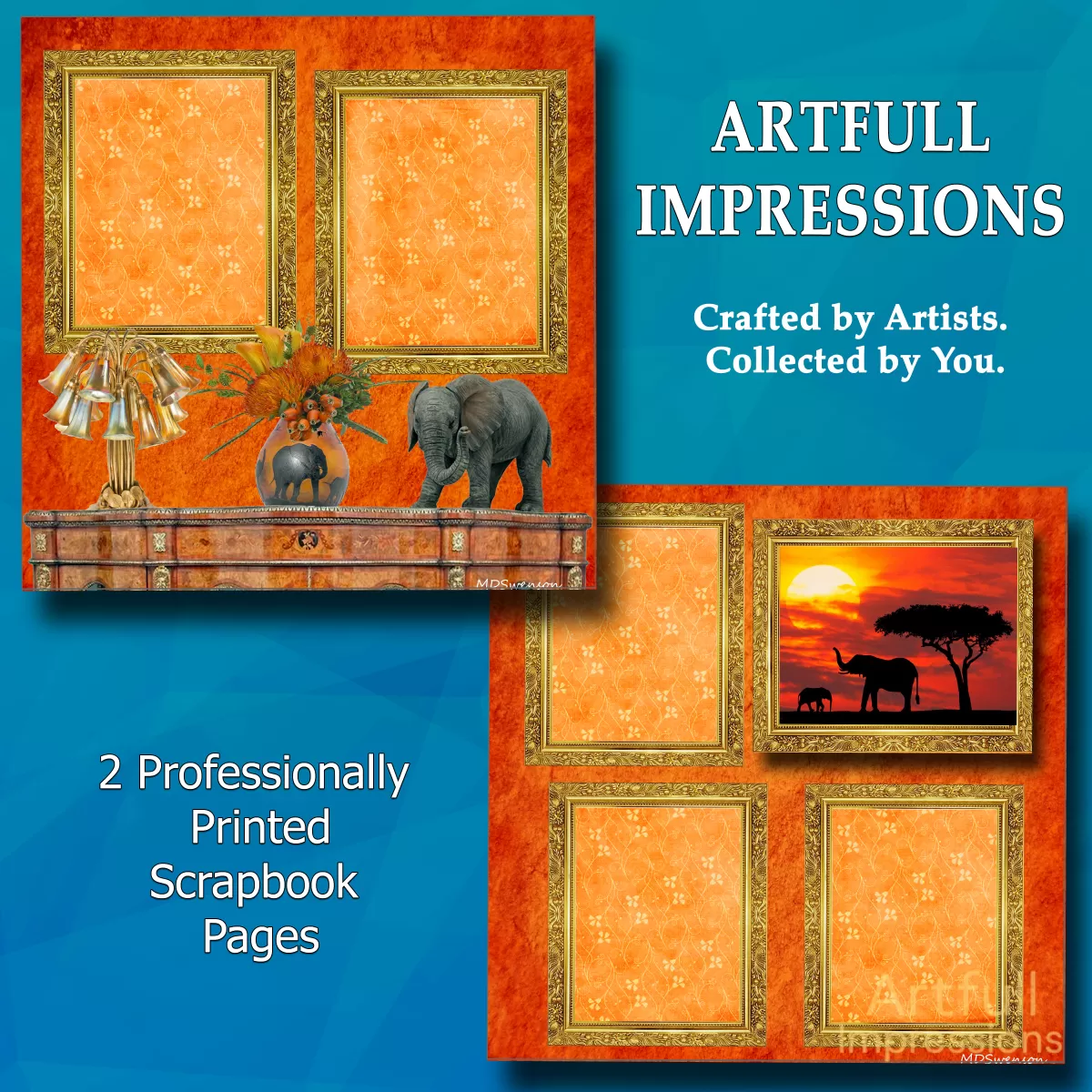 2-Page Elephant-Themed Safari Scrapbook Layout – Warm Sunset Gold & African Wildlife Design