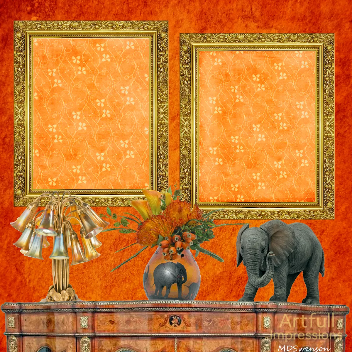 2-Page Elephant-Themed Safari Scrapbook Layout – Warm Sunset Gold & African Wildlife Design