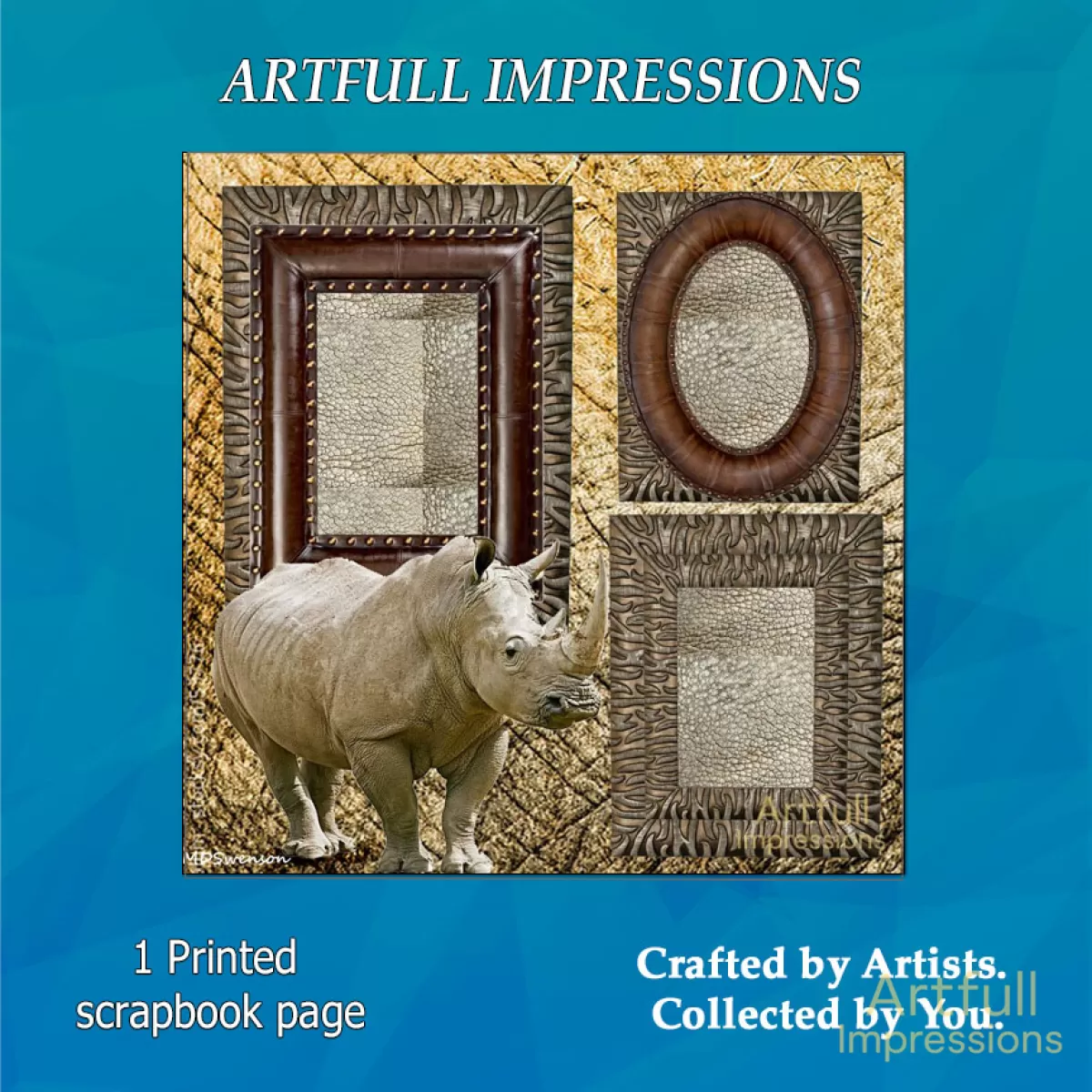 African Safari Rhino with Faux Leather & Animal Texture Frames 12x12 Scrapbook Page