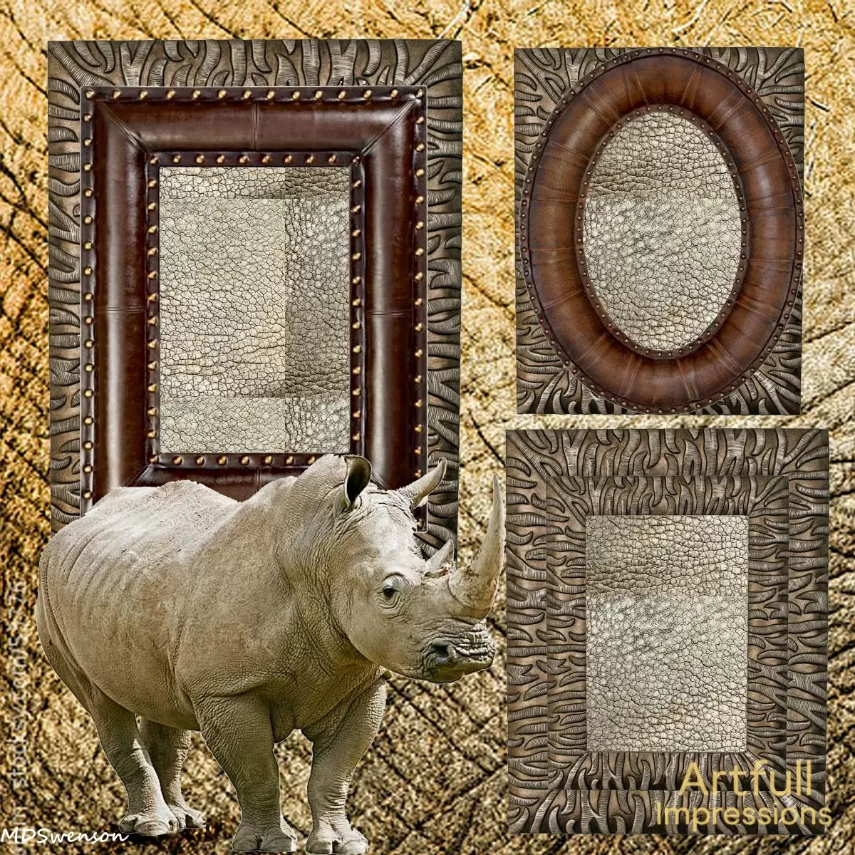 African Safari Rhino with Faux Leather & Animal Texture Frames 12x12 Scrapbook Page