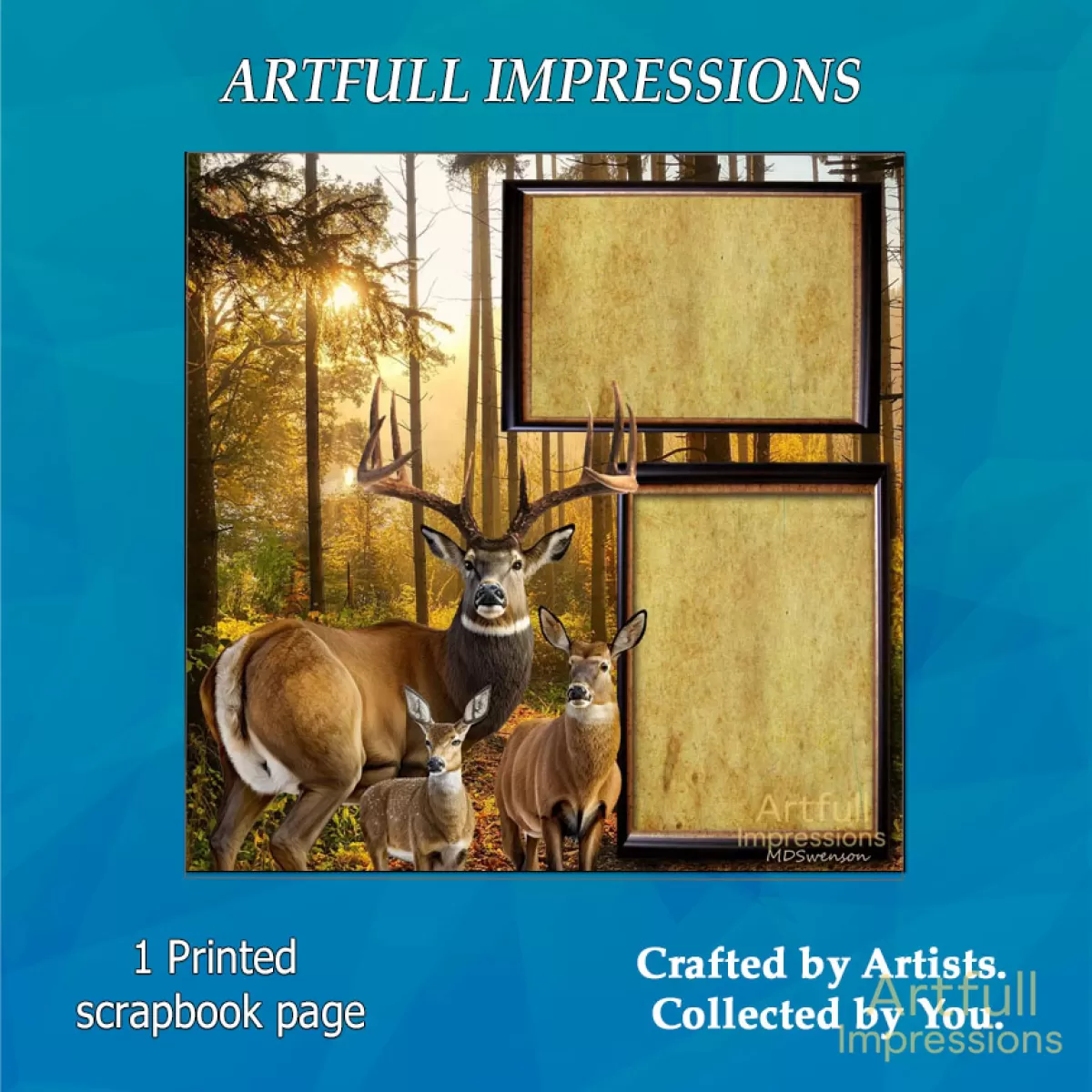 Deer Family – Whitetail Buck, Doe & Fawn in Autumn Woods 12x12 Scrapbook Page