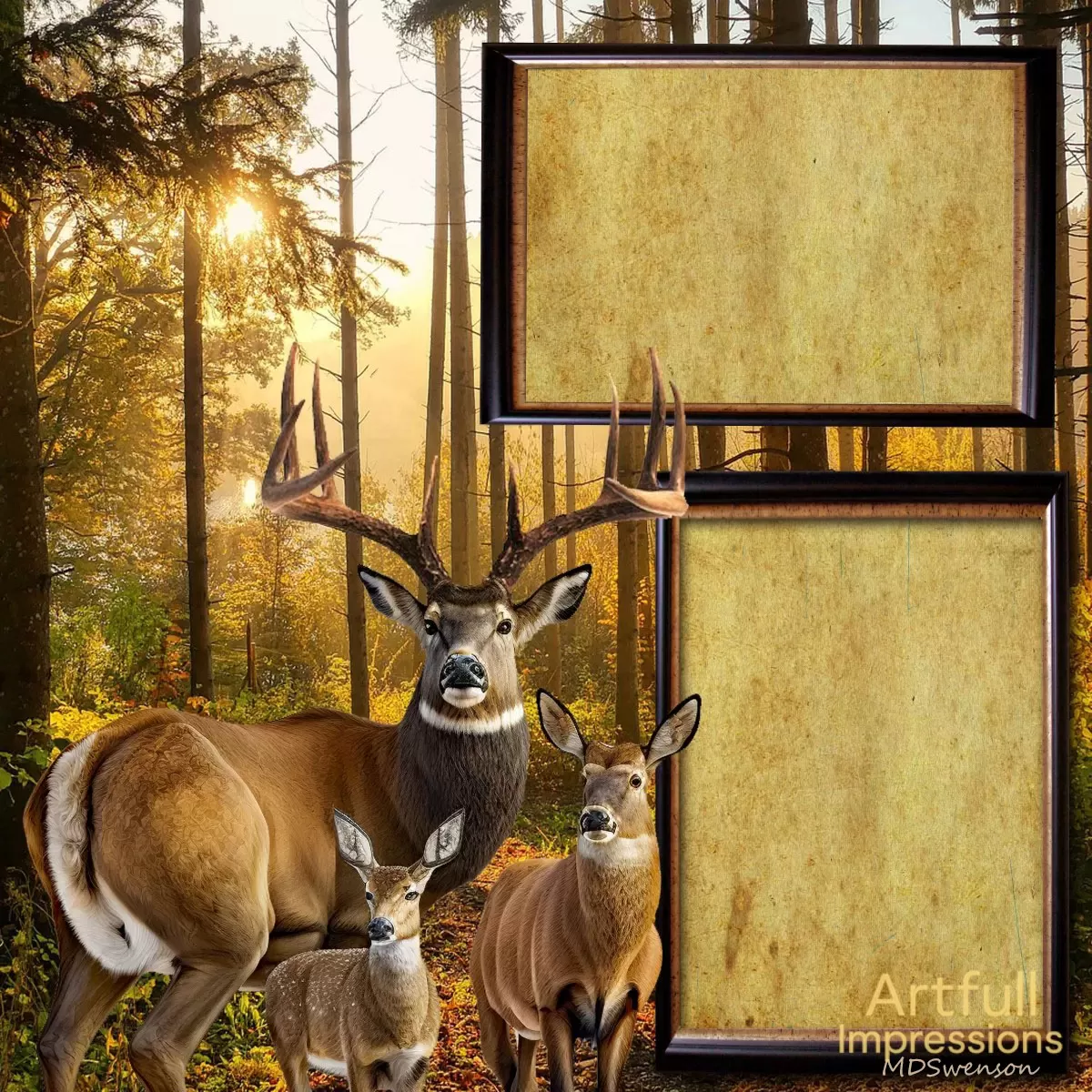 Deer Family – Whitetail Buck, Doe & Fawn in Autumn Woods 12x12 Scrapbook Page