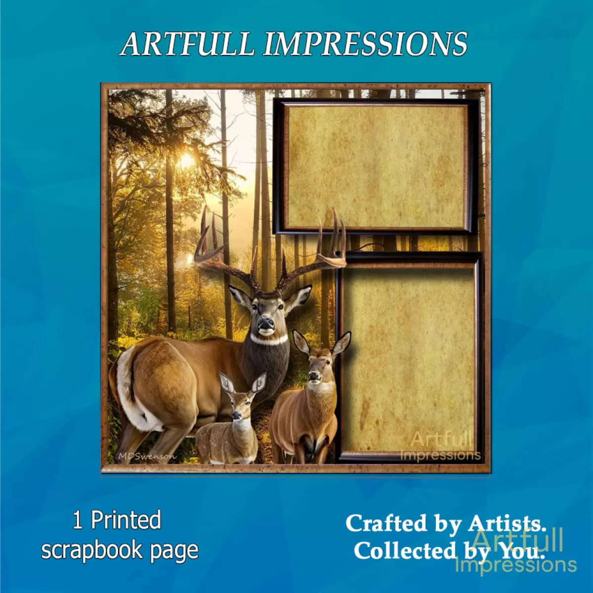 Rustic Deer Family – Whitetail Buck, Doe & Fawn in Autumn Woods 12x12 Scrapbook Page
