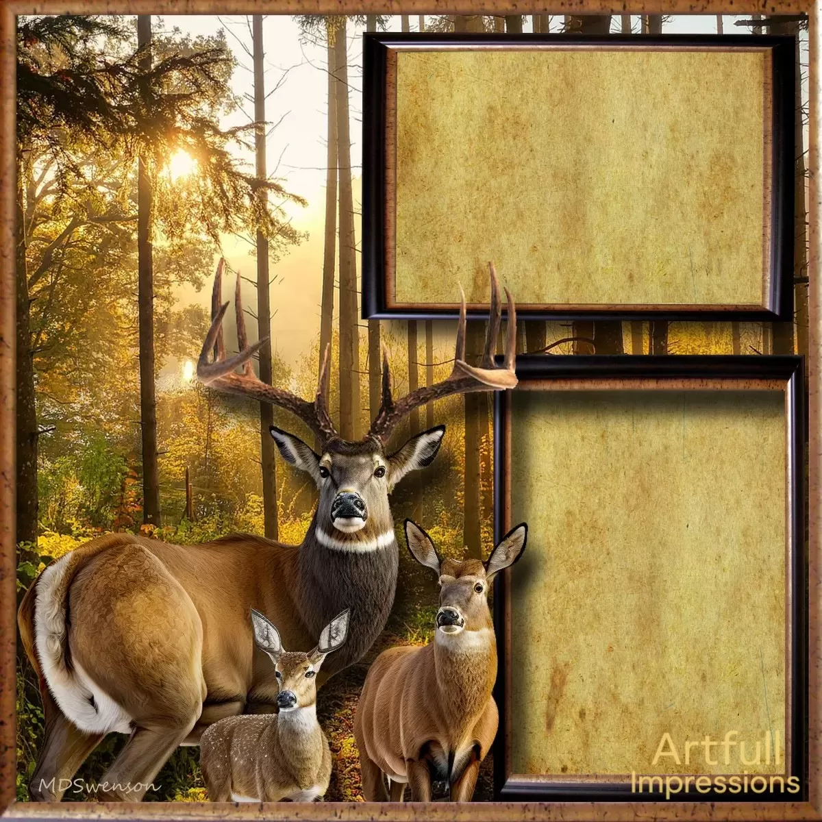 Rustic Deer Family – Whitetail Buck, Doe & Fawn in Autumn Woods 12x12 Scrapbook Page