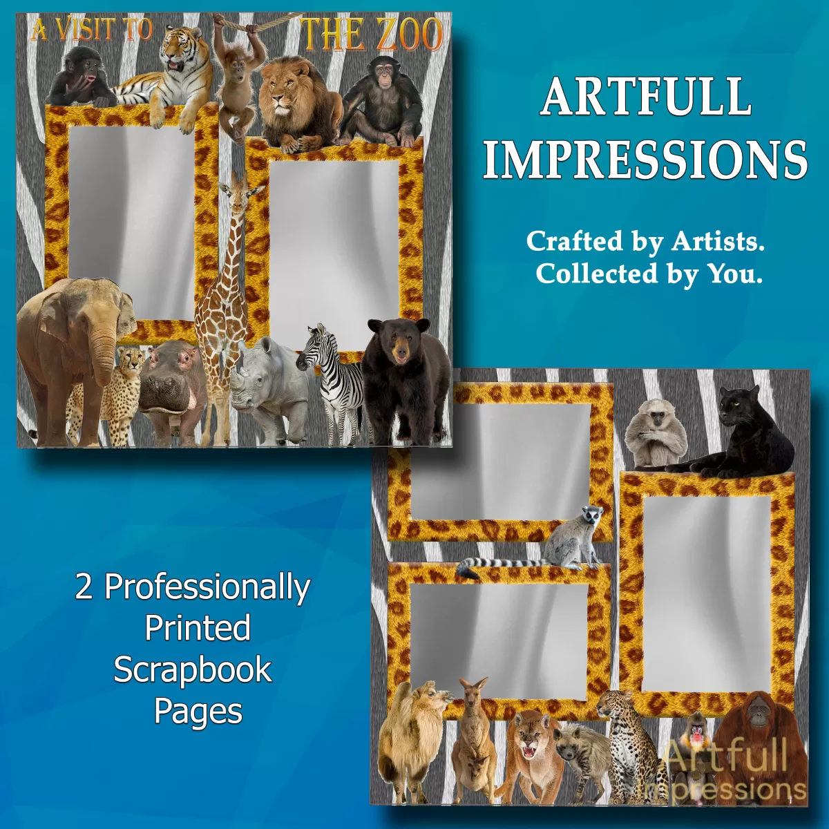Safari Zoo-Themed Scrapbook Page Set – "A Visit to the Zoo" – 12x12 with Photo Frames