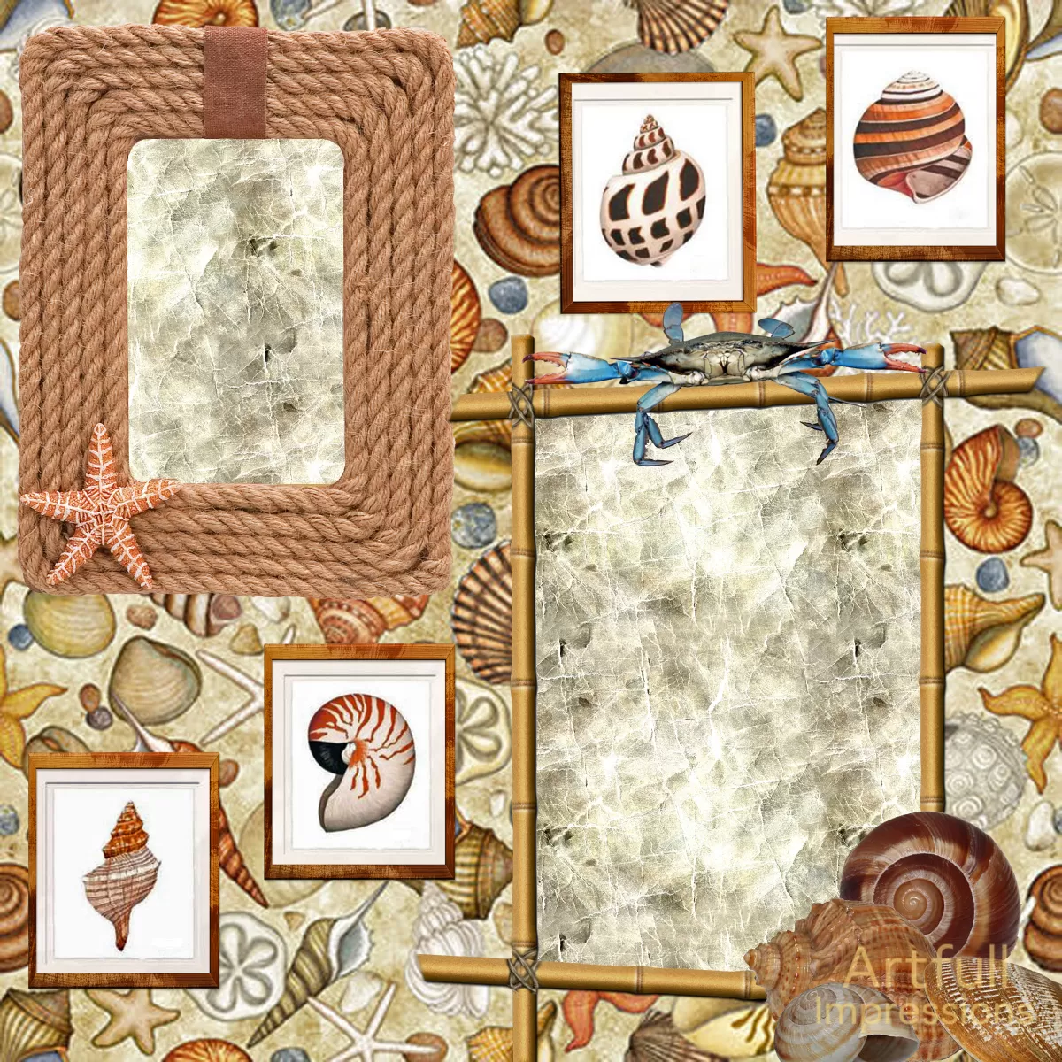 Coastal Seashell Scrapbook Page – Beach-Themed Layout – Physical 12x12” Print