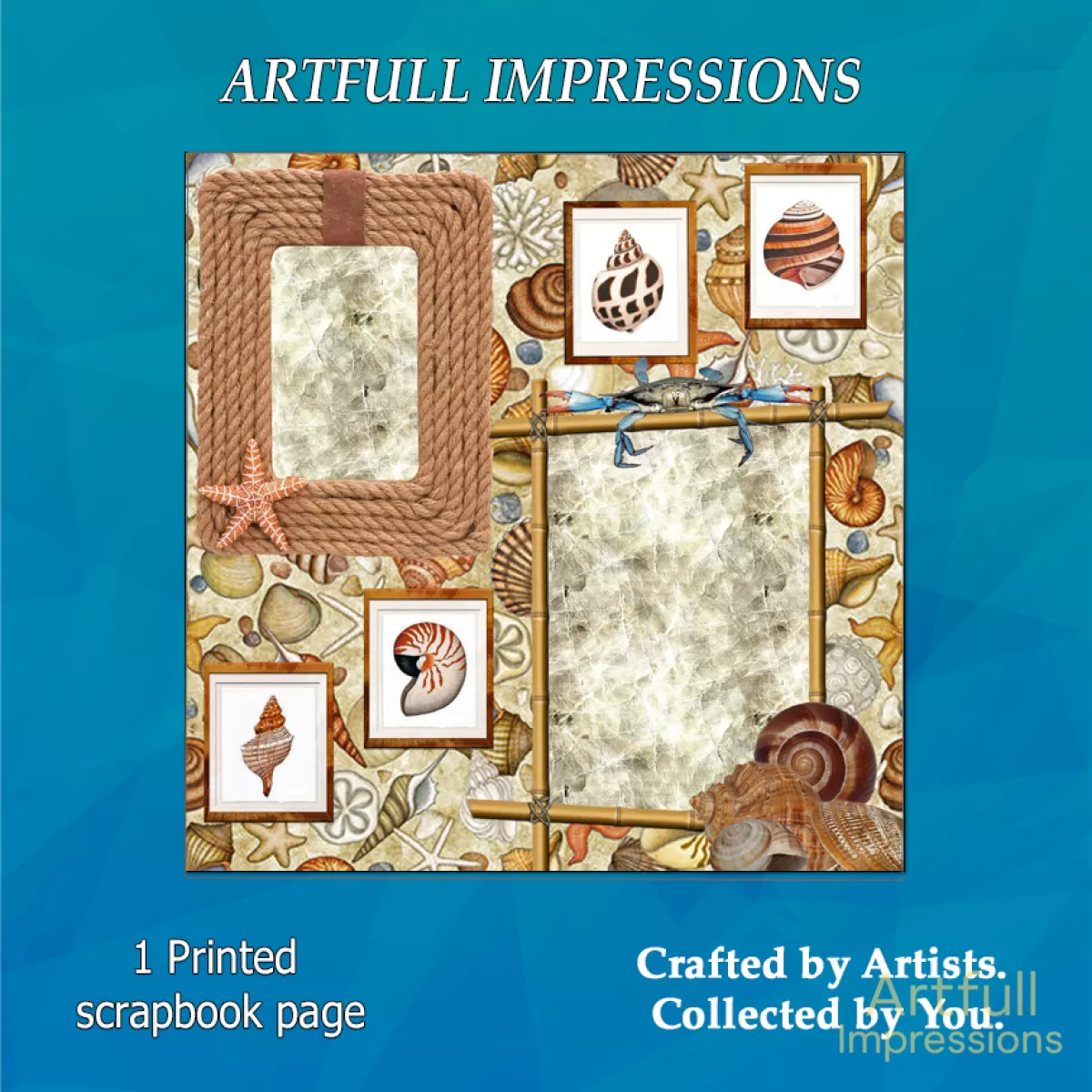 Coastal Seashell Scrapbook Page – Beach-Themed Layout – Physical 12x12” Print