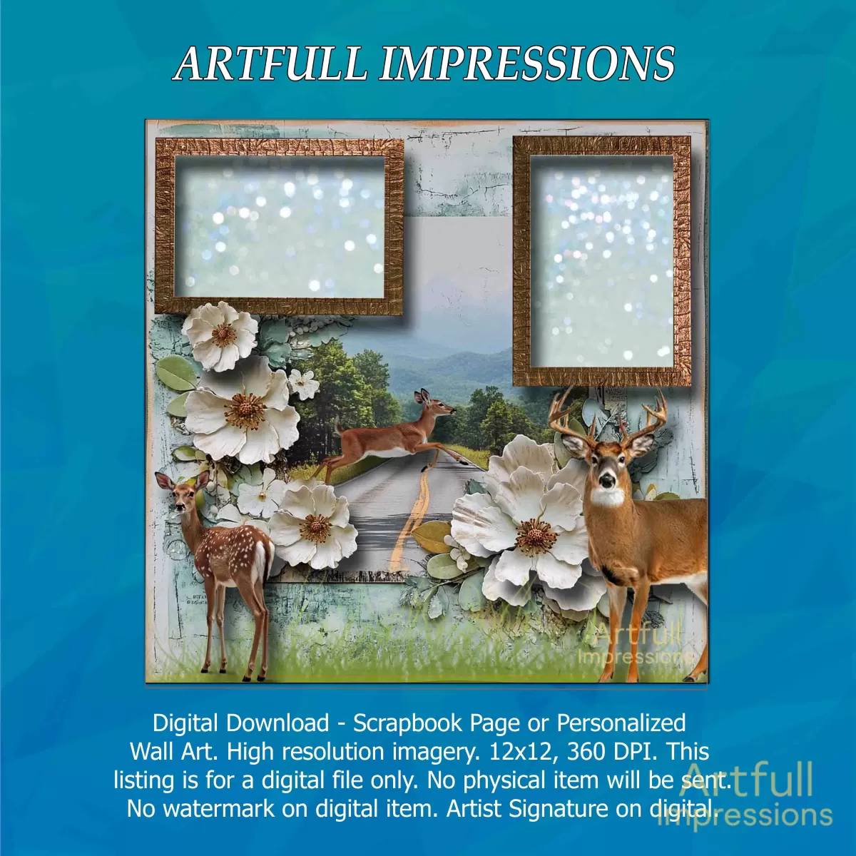 Deer Family & Cherokee Roses– Scenic Wildlife & Floral Nature Design