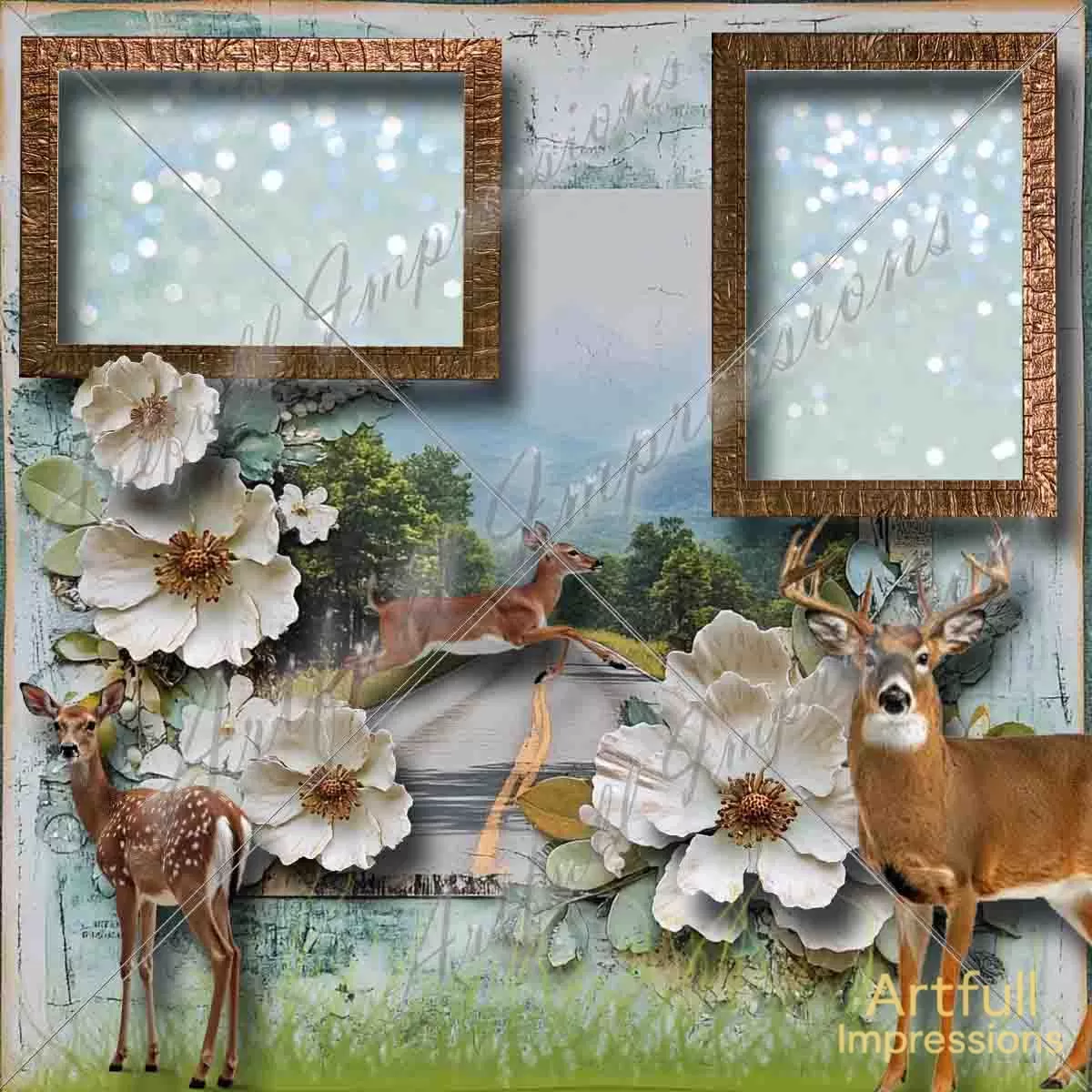 Deer Family & Cherokee Roses– Scenic Wildlife & Floral Nature Design